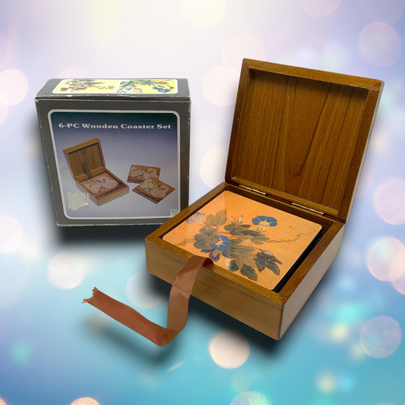 Vintage NEW Wooden 6 Coaster Set Morning Glory Floral Wooden Box Holder NOS - Picture 1 of 6